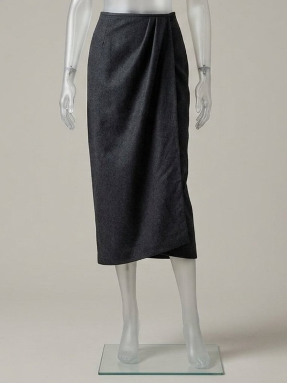 RALPH LAUREN 70s Wool Wrap Maxi Skirt Pleated Detail Asymmetrical Hem Black 10
